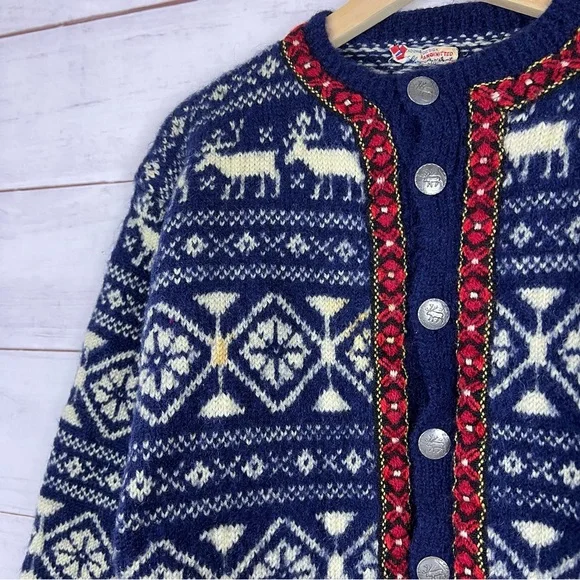 Vintage 60s Norway Fair Isle Wool Cardigan Sweater Small - Picture 7 of 10
